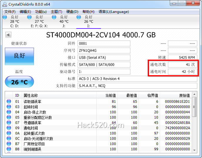 查看硬盘通电时间与使用次数